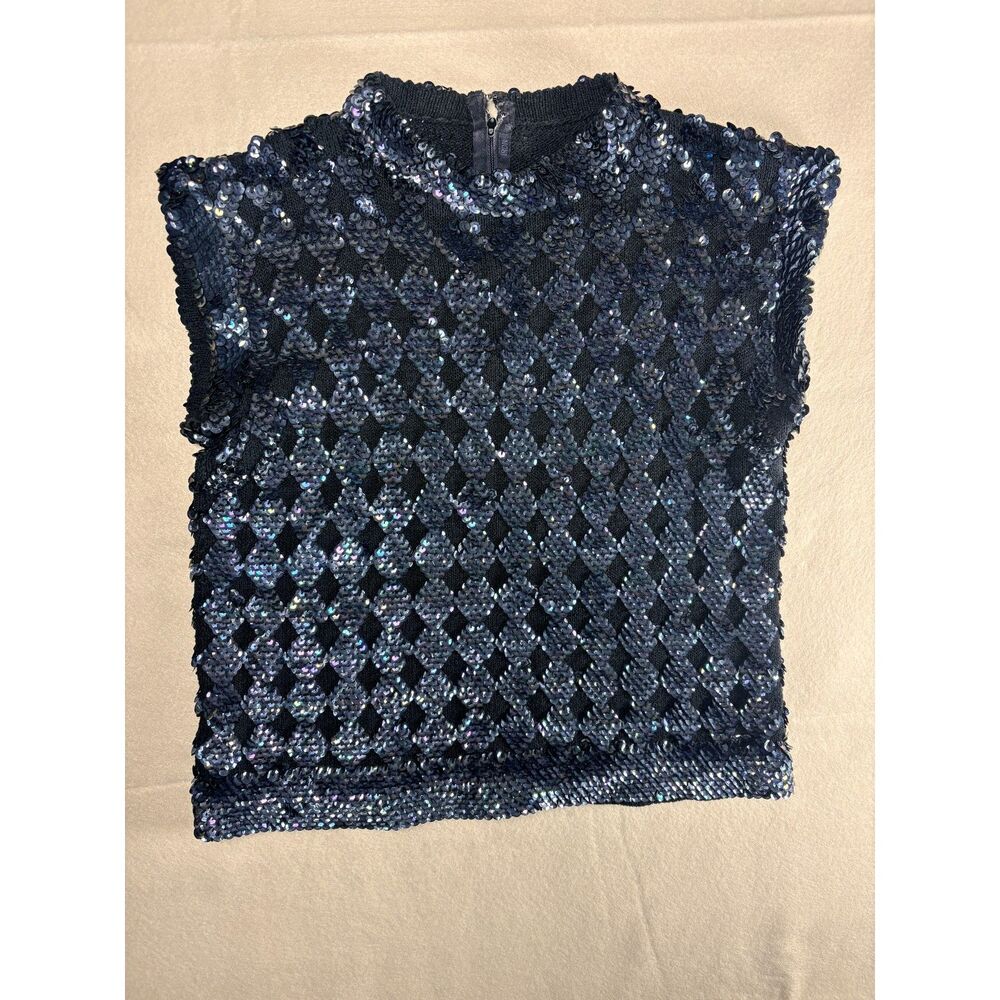 Vintage Sequin Sparkly Shiny Geometric Pattern Sleeveless Zipper Top Small
